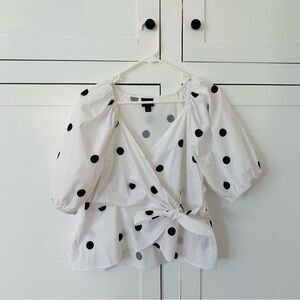 Worthington White Black Polka Dot Wrap Puff Sleeve Top Size Large